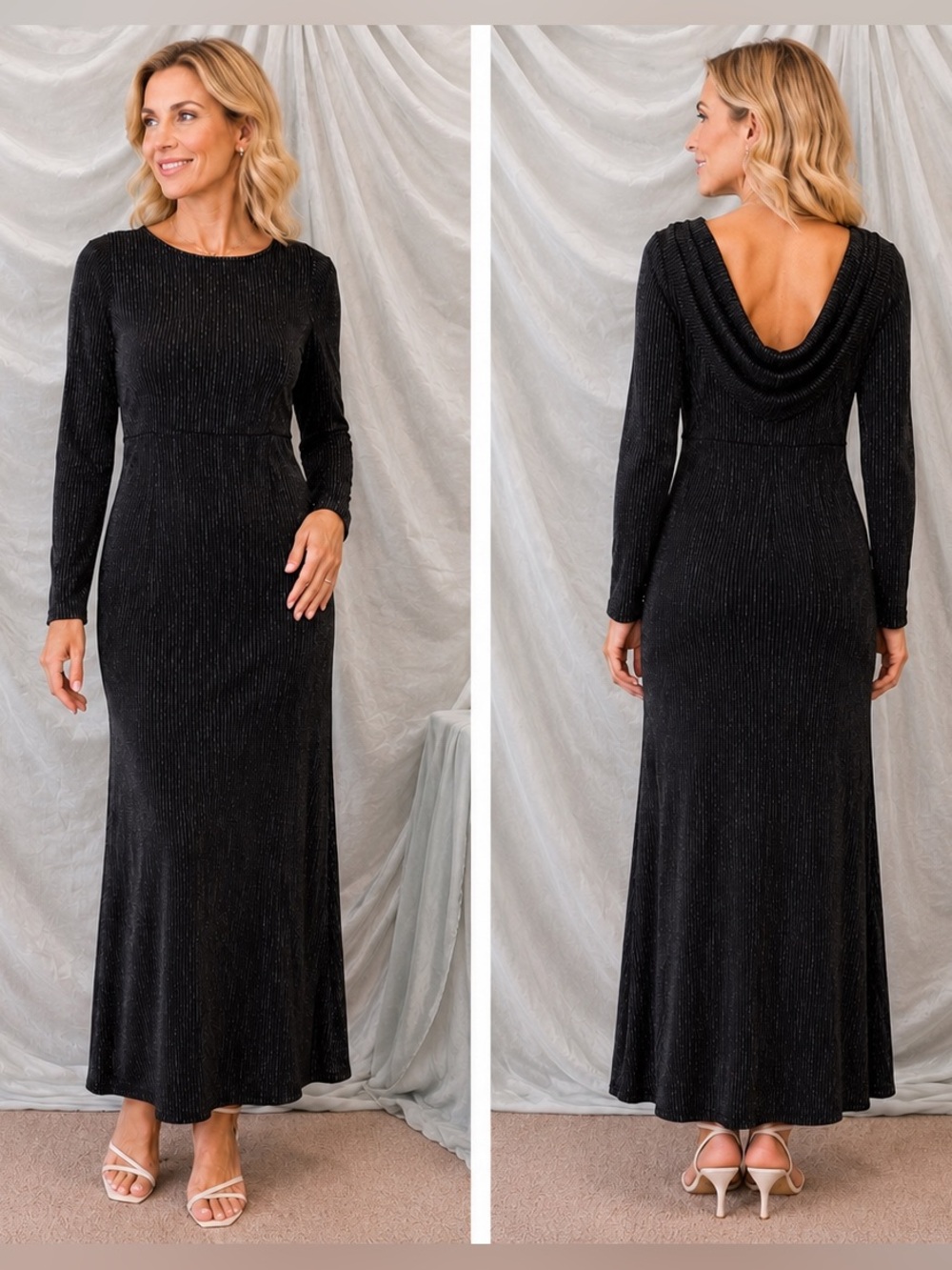 Marion Black Long Sleeve Maxi Dress with Draped Cowl Back